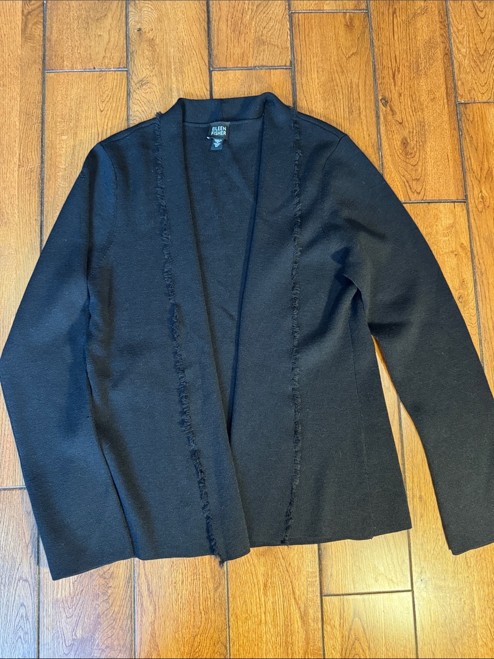 Eileen Fisher Black Open-Front Frayed-Trim 100% wool Cardigan sz. M